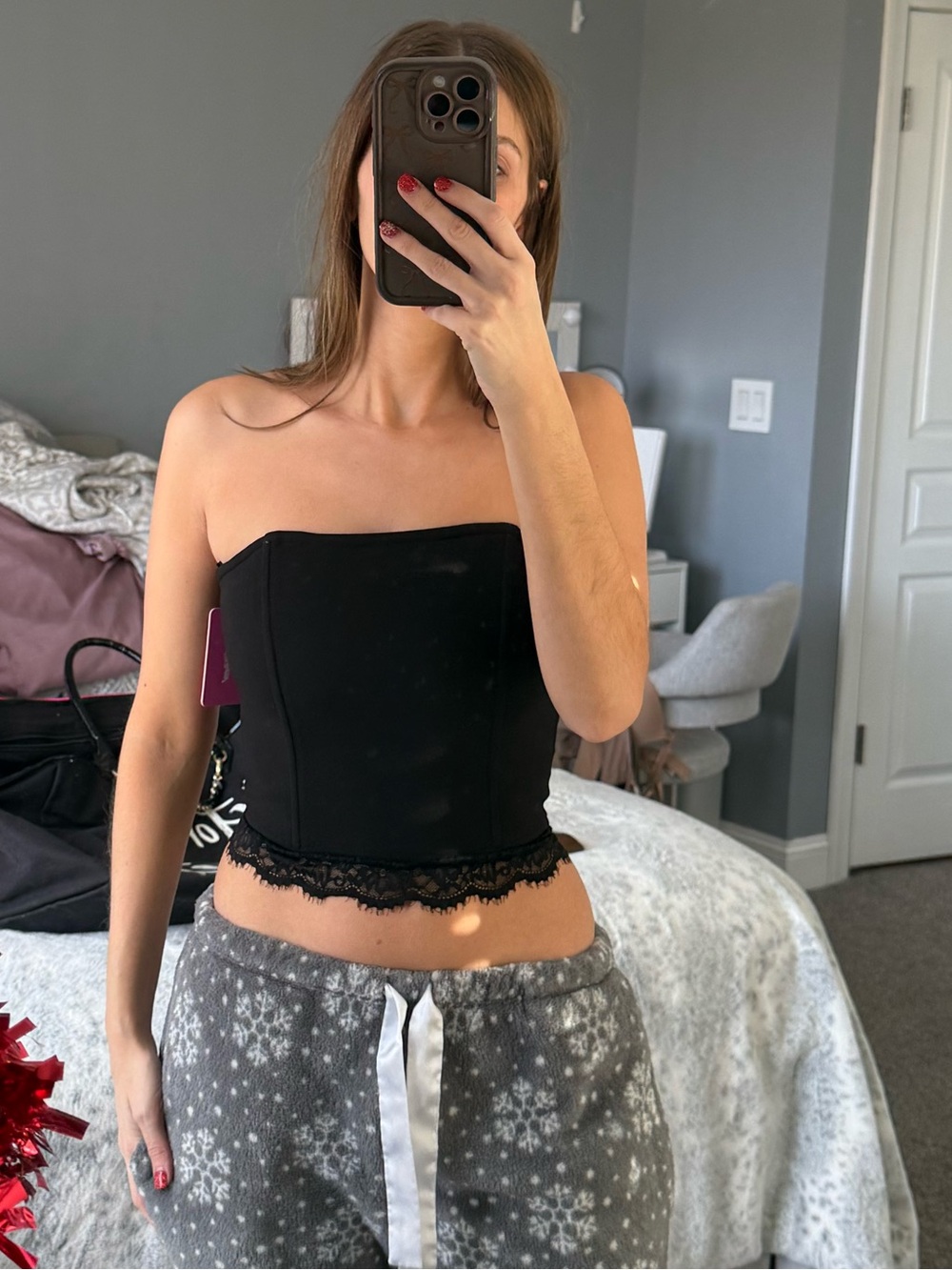 Edikted Black Strapless Lace-Hem Tube Camisole